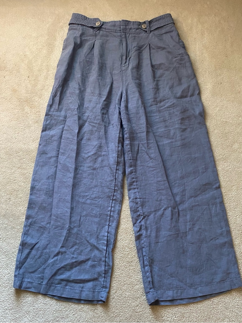 Nicole Miller 100% Linen Pants 10 Wide Leg Blue Pleated Front Trousers Coastal